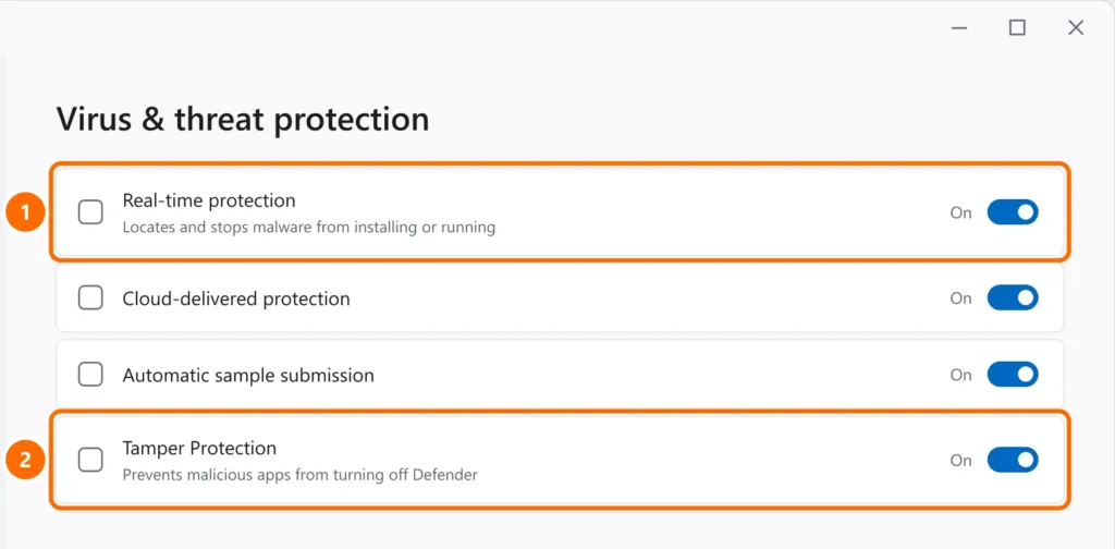 Virus & threat protection settings with Real-time protection and Tamper Protection turned on and highlighted