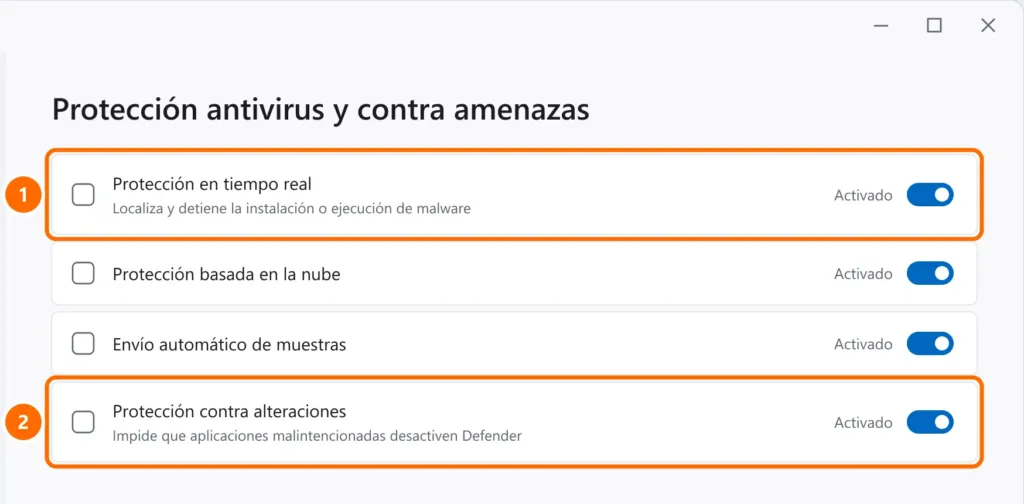 Configuración de protección antivirus y contra amenazas con Protección en tiempo real y Protección contra alteraciones activadas y destacadas