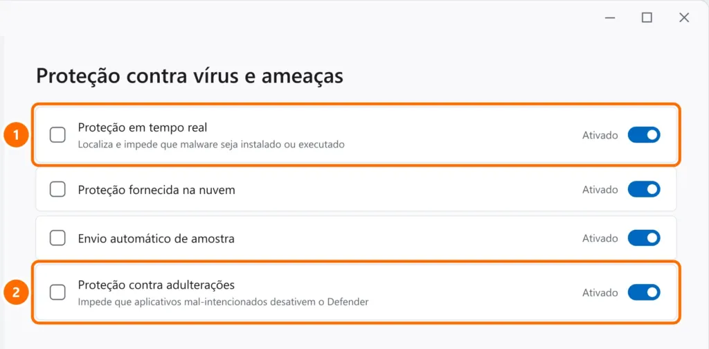 Configurações de proteção contra vírus e ameaças com Proteção em tempo real e Proteção contra adulterações ativadas e destacadas