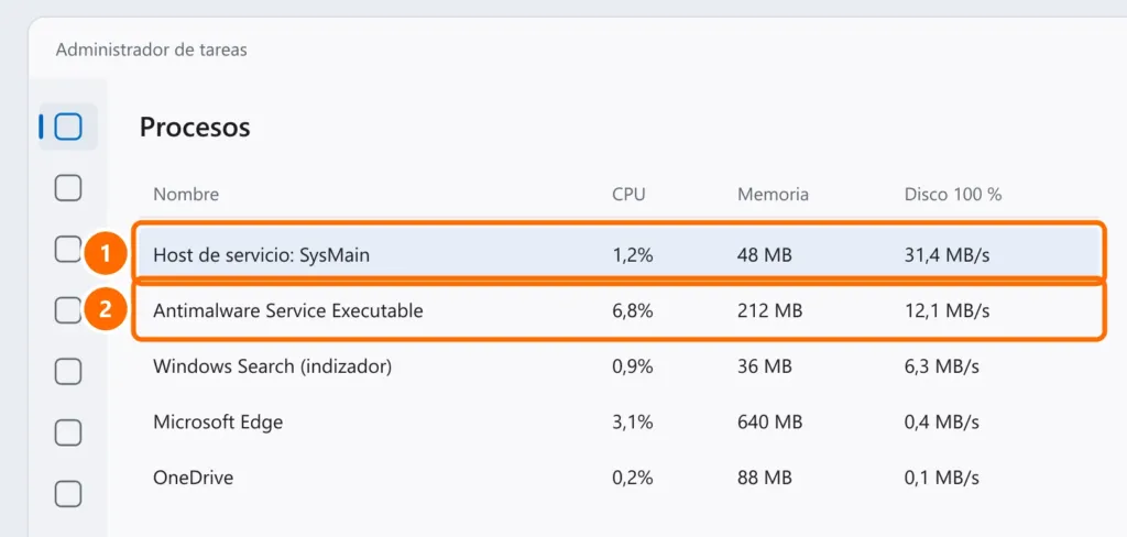 Administrador de tareas ordenado por la columna Disco al 100 %, con SysMain y Antimalware Service Executable arriba destacados