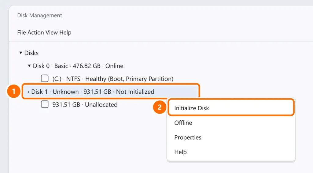 Disk Management with a new, uninitialized disk selected and the Initialize Disk option highlighted