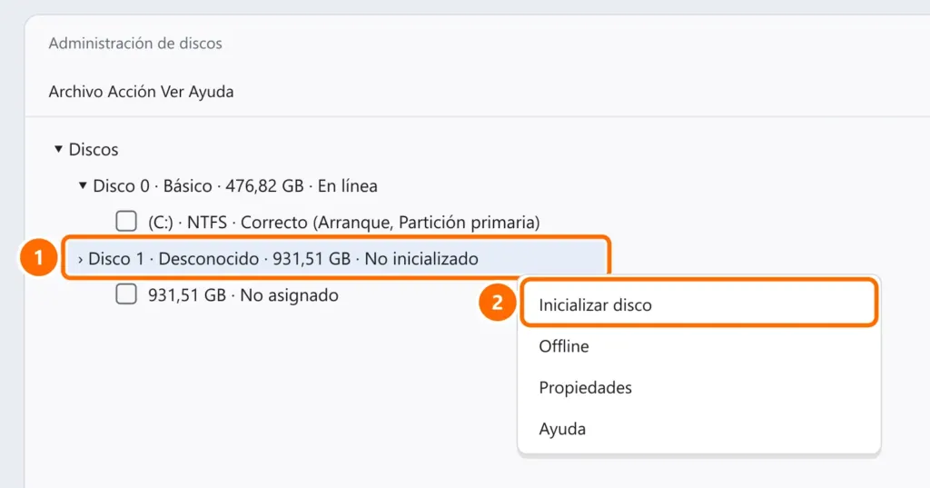 Administración de discos con un disco nuevo no inicializado seleccionado y la opción Inicializar disco destacada