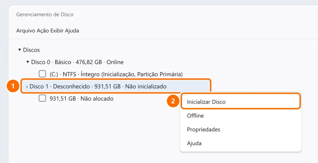 Gerenciamento de Disco com um disco novo não inicializado selecionado e a opção Inicializar Disco destacada