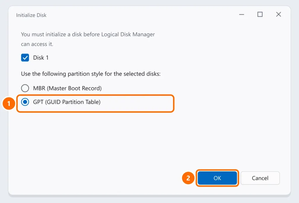 Initialize Disk window with the GPT partition style selected and the OK button highlighted
