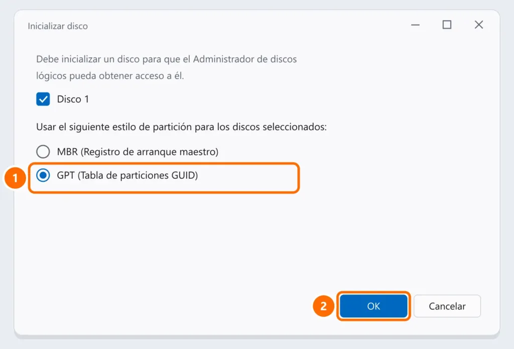 Ventana Inicializar disco con el estilo de partición GPT seleccionado y el botón Aceptar destacados