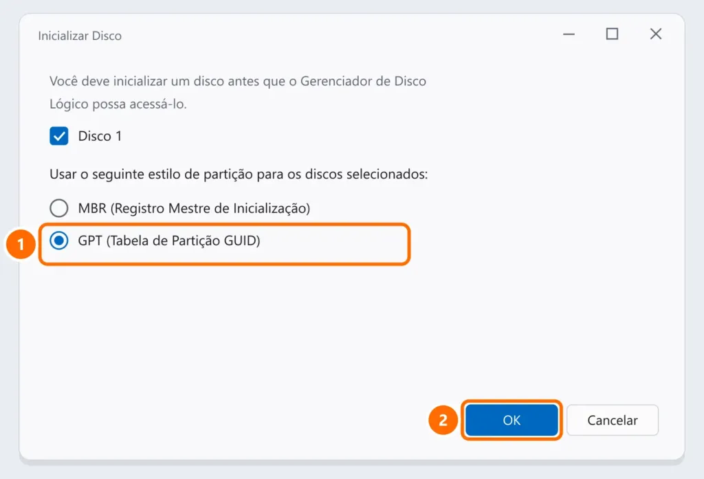 Janela Inicializar Disco com o estilo de partição GPT selecionado e o botão OK destacados