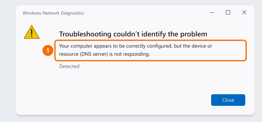 Windows Network Diagnostics with the message: the device or resource (DNS server) is not responding