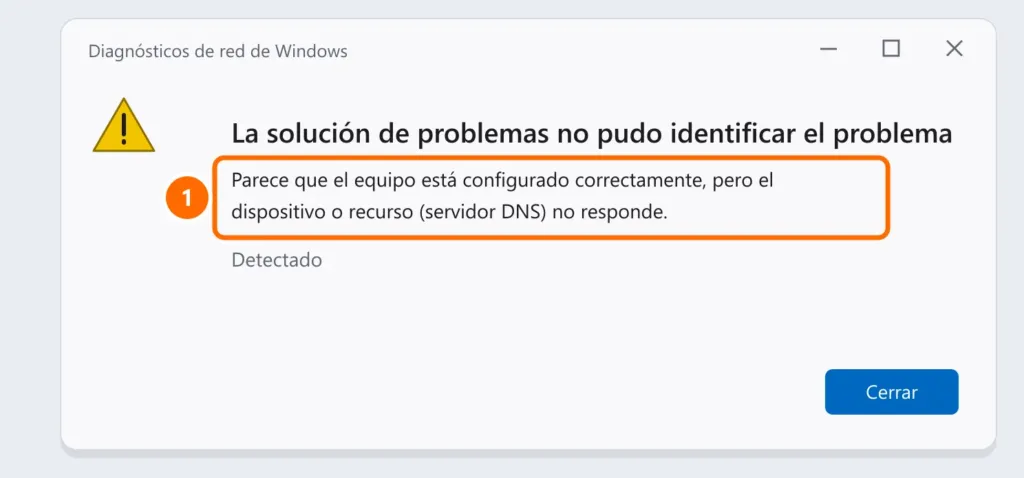 Diagnósticos de red de Windows con el mensaje: el dispositivo o recurso (servidor DNS) no responde