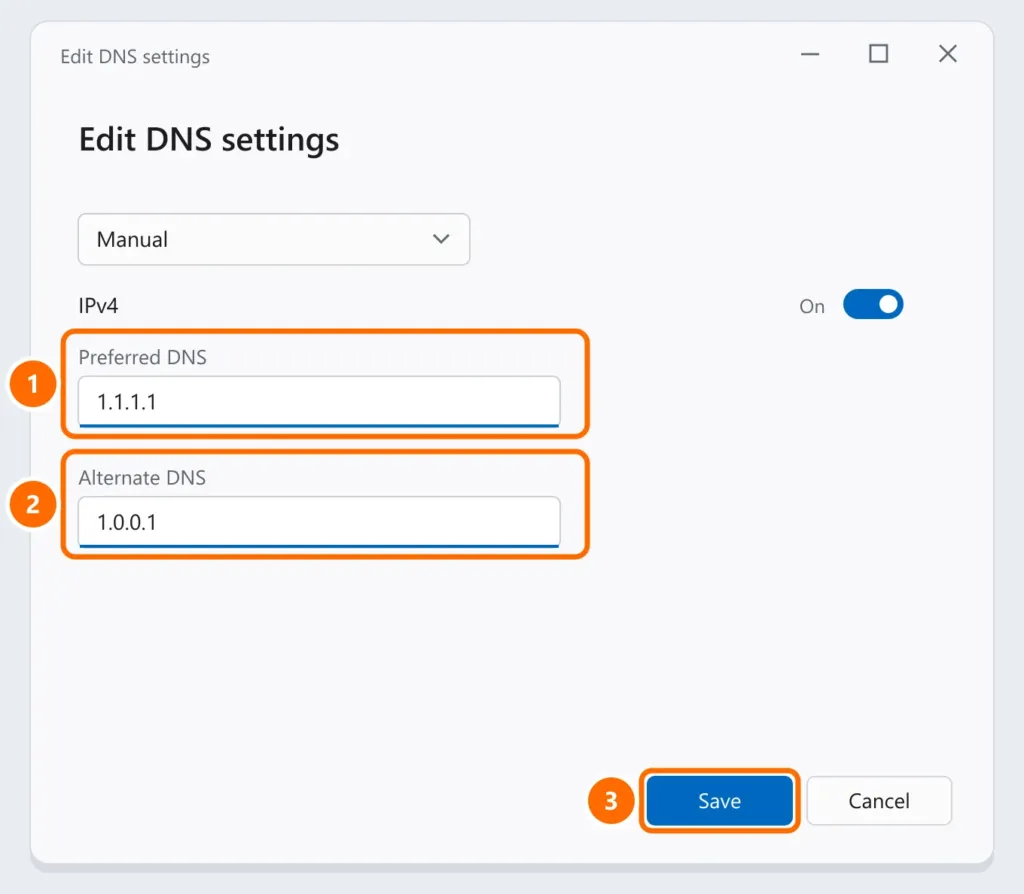 Edit DNS settings window set to Manual, with IPv4 on and servers 1.1.1.1 and 1.0.0.1 entered