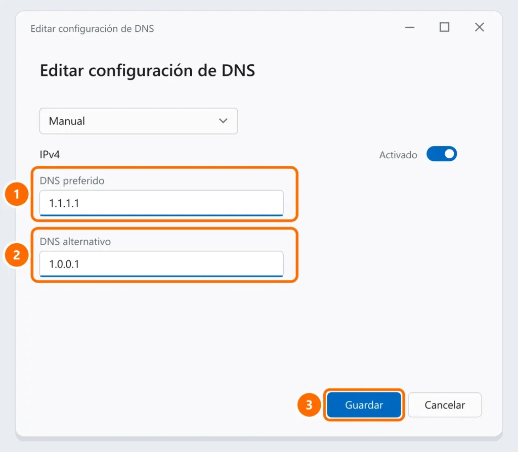 Ventana Editar configuración de DNS en modo Manual, con IPv4 activado y los servidores 1.1.1.1 y 1.0.0.1
