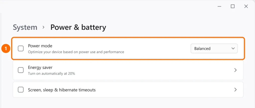 Power & battery settings with Power mode set to Balanced highlighted