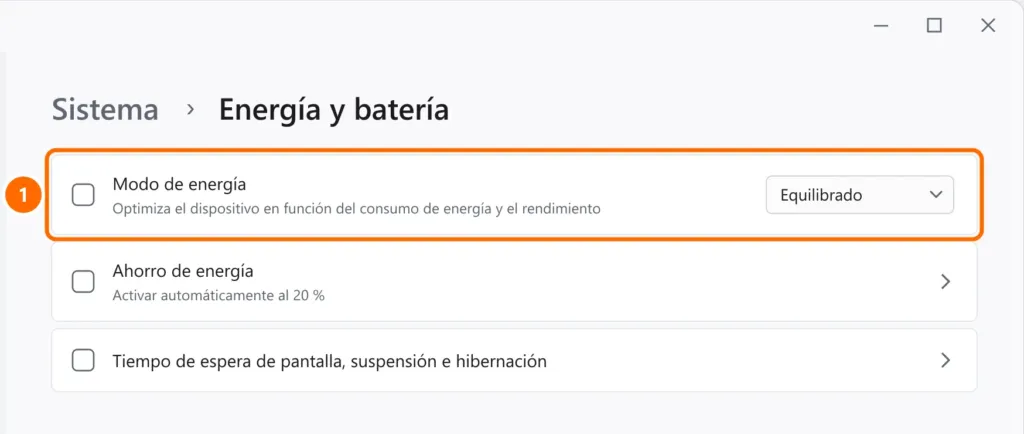 Configuración de Energía y batería con el Modo de energía en Equilibrado destacado