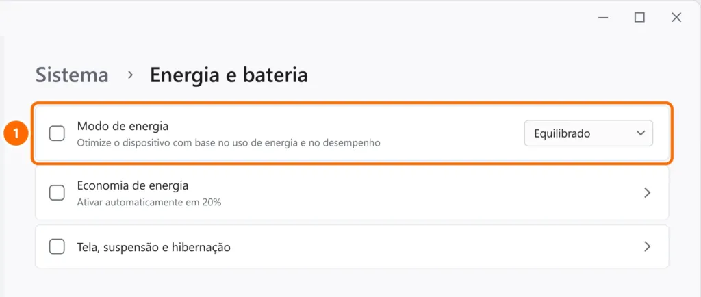 Configurações de Energia e bateria com o Modo de energia em Equilibrado destacado