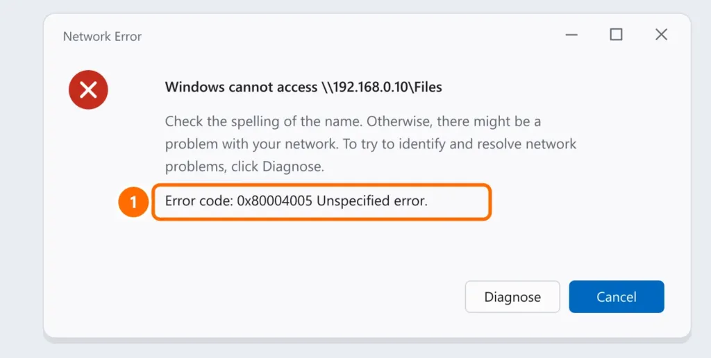 Windows Network Error window when opening a shared folder, with error code 0x80004005, unspecified error, highlighted