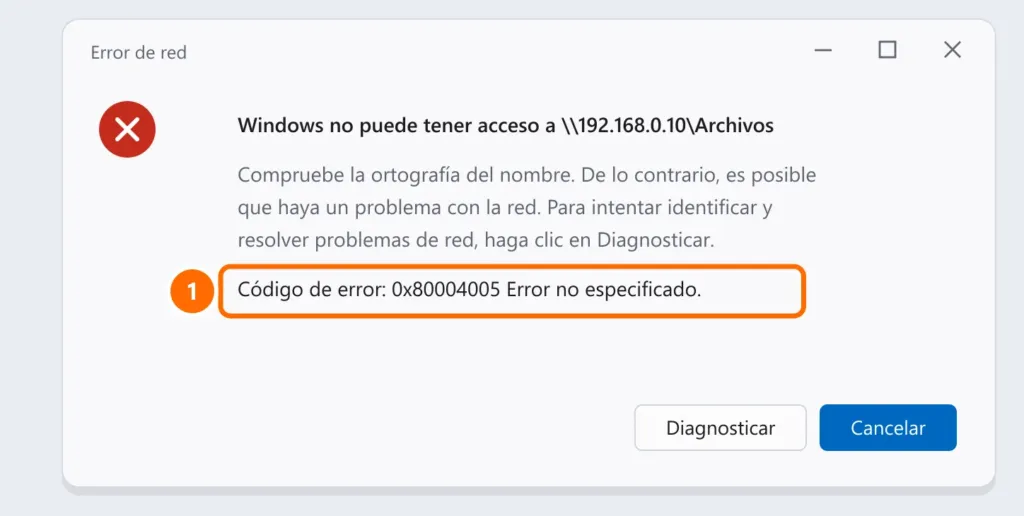 Ventana Error de red de Windows al abrir una carpeta compartida, con el código de error 0x80004005, error no especificado, destacado