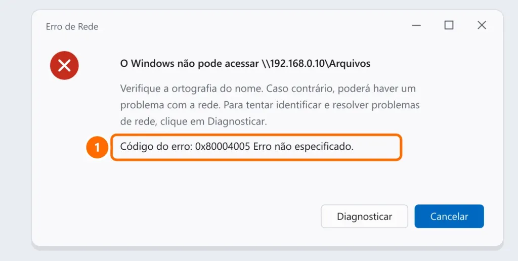Janela Erro de Rede do Windows ao abrir uma pasta compartilhada, com o código do erro 0x80004005, erro não especificado, destacado