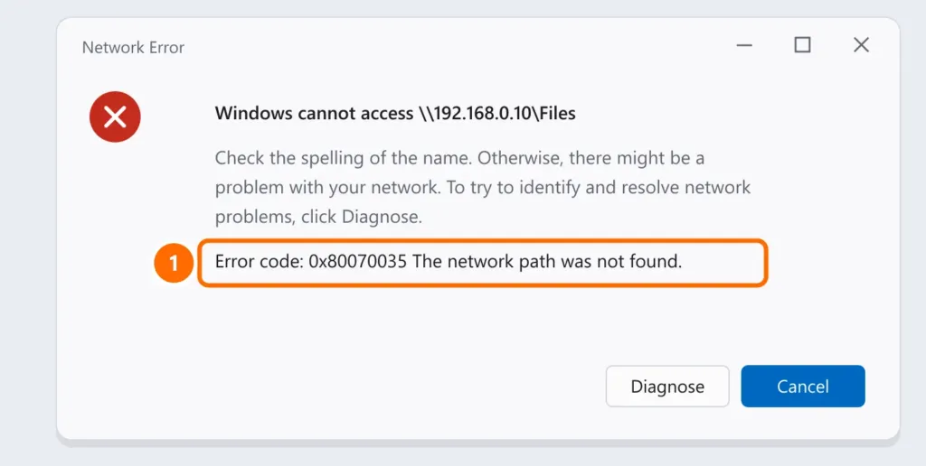 Windows Network Error window: Windows cannot access the shared folder, error code 0x80070035, the network path was not found