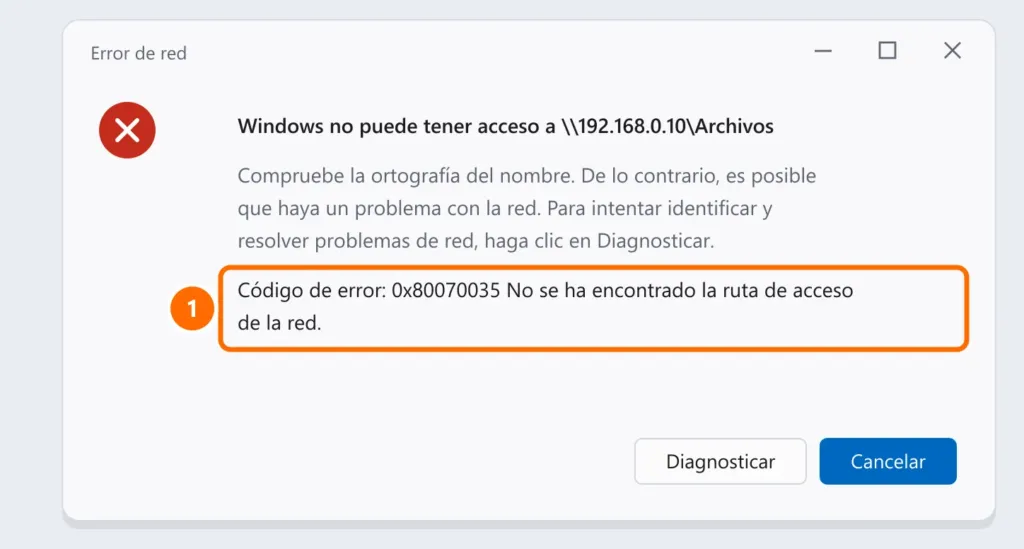 Ventana Error de red de Windows: Windows no puede tener acceso a la carpeta compartida, código de error 0x80070035, no se ha encontrado la ruta de acceso de la red