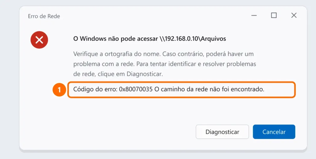 Janela Erro de Rede do Windows: o Windows não pode acessar a pasta compartilhada, código do erro 0x80070035, o caminho da rede não foi encontrado