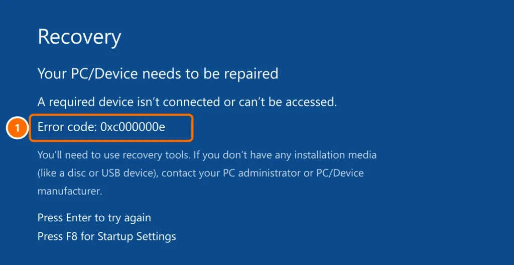Windows Recovery screen: a required device isn’t connected or can’t be accessed, error code 0xc000000e highlighted