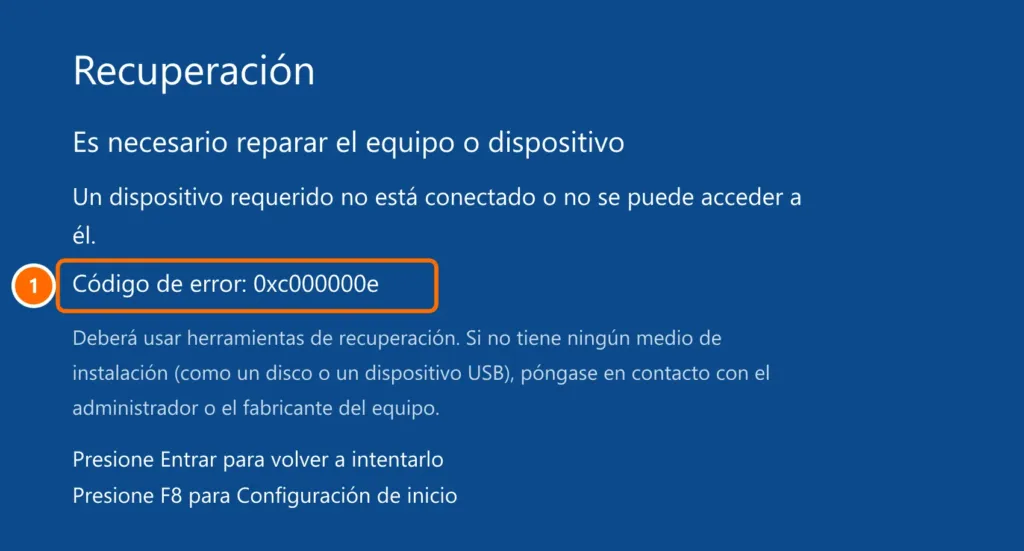 Pantalla de Recuperación de Windows: un dispositivo requerido no está conectado o no se puede acceder, código de error 0xc000000e destacado