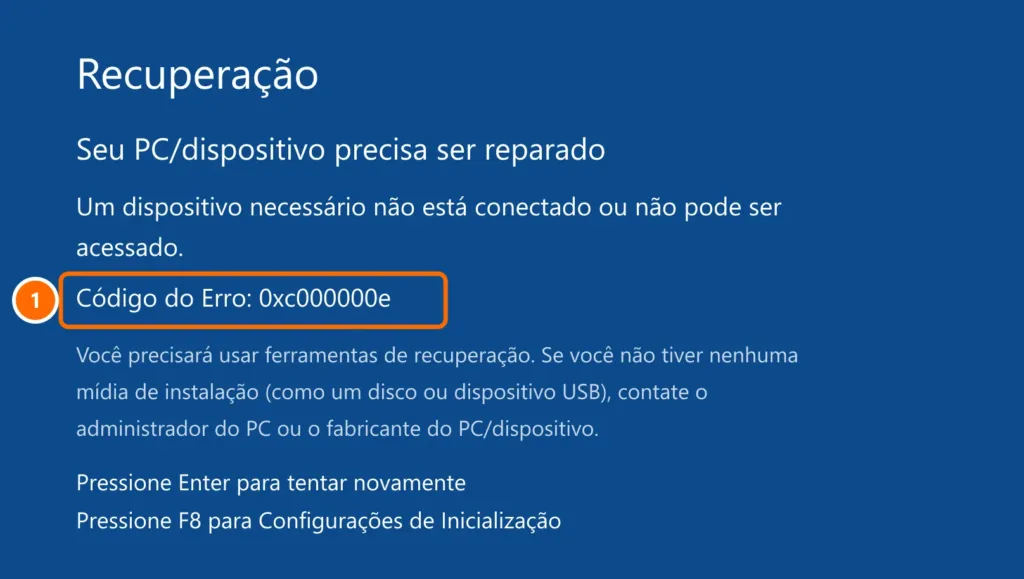 Tela de Recuperação do Windows: um dispositivo necessário não está conectado ou não pode ser acessado, código do erro 0xc000000e destacado