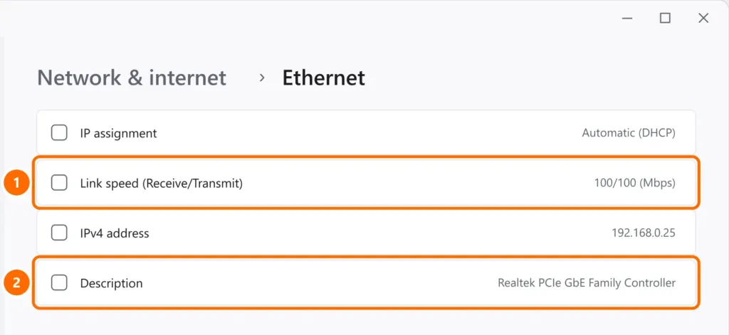 Ethernet settings with link speed at 100/100 Mbps and the Gigabit network adapter highlighted