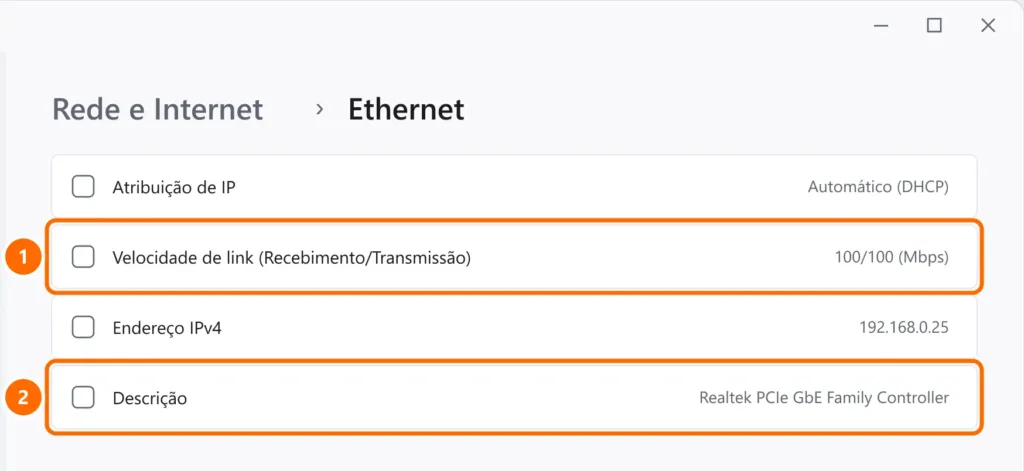 Configurações de Ethernet com a velocidade de link em 100/100 Mbps e a placa de rede Gigabit destacadas