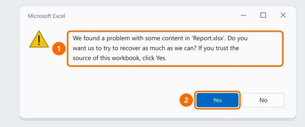 Excel warning: we found a problem with some content in the file, do you want to try to recover it, with the Yes button highlighted