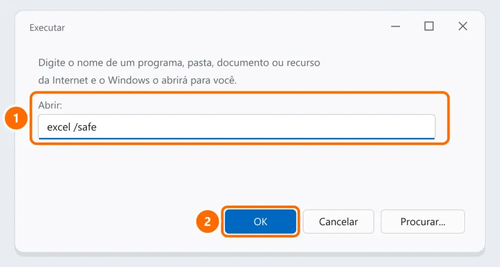 Caixa Executar com o comando excel /safe destacado