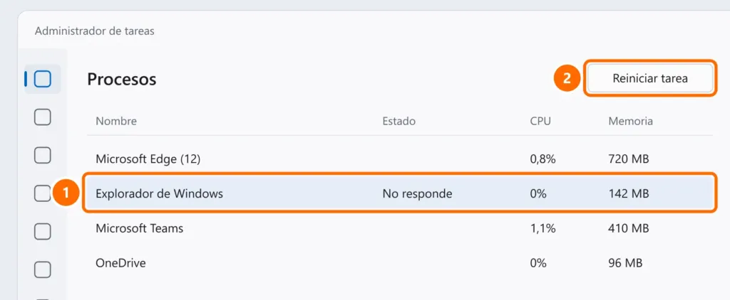 Administrador de tareas con el Explorador de Windows seleccionado y el botón Reiniciar tarea destacado