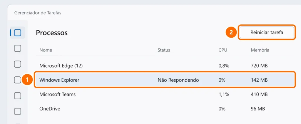 Gerenciador de Tarefas com o Windows Explorer selecionado e o botão Reiniciar tarefa destacado
