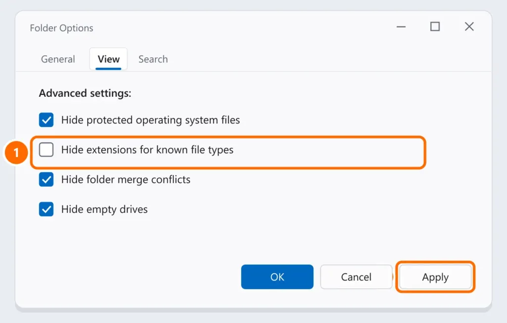 Folder Options on the View tab with Hide extensions for known file types unchecked and the Apply button highlighted