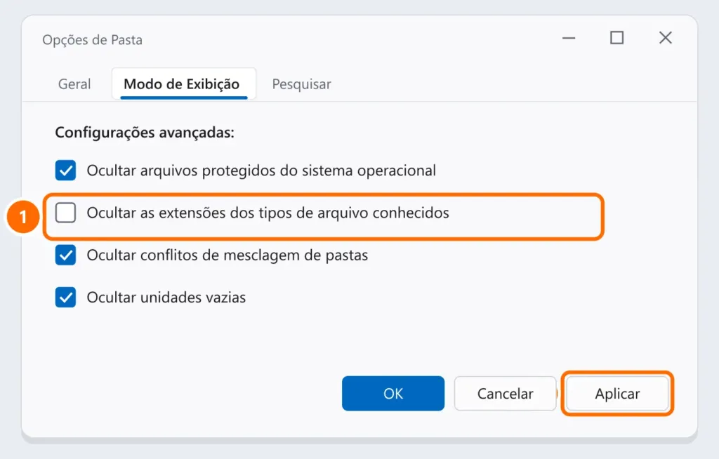 Opções de Pasta na guia Modo de Exibição com Ocultar as extensões dos tipos de arquivo conhecidos desmarcado e o botão Aplicar destacados