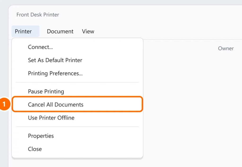 Print queue with the Printer menu open and Cancel All Documents highlighted