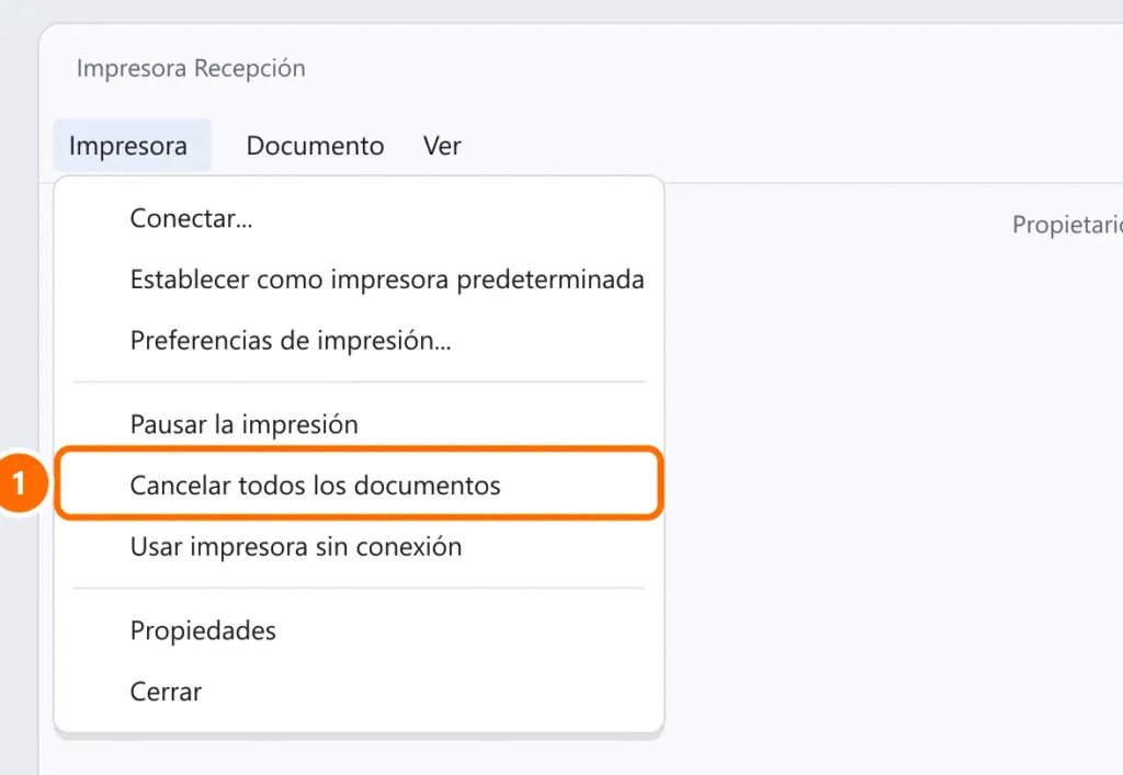 Cola de impresión con el menú Impresora abierto y la opción Cancelar todos los documentos destacada