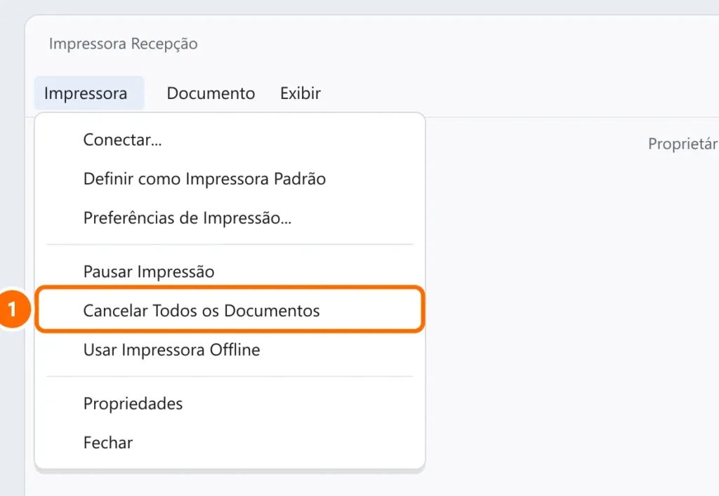 Fila de impressão com o menu Impressora aberto e a opção Cancelar Todos os Documentos destacada