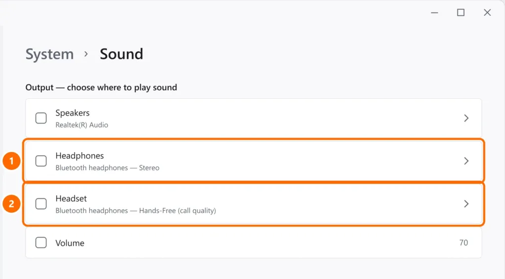 Sound settings Output section with the Bluetooth headphones in Stereo and Hands-Free modes highlighted
