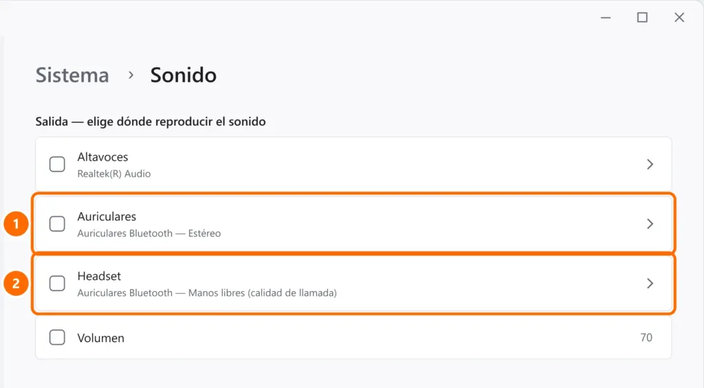 Configuración de Sonido en la sección Salida con los auriculares Bluetooth en modo Estéreo y Manos libres destacados
