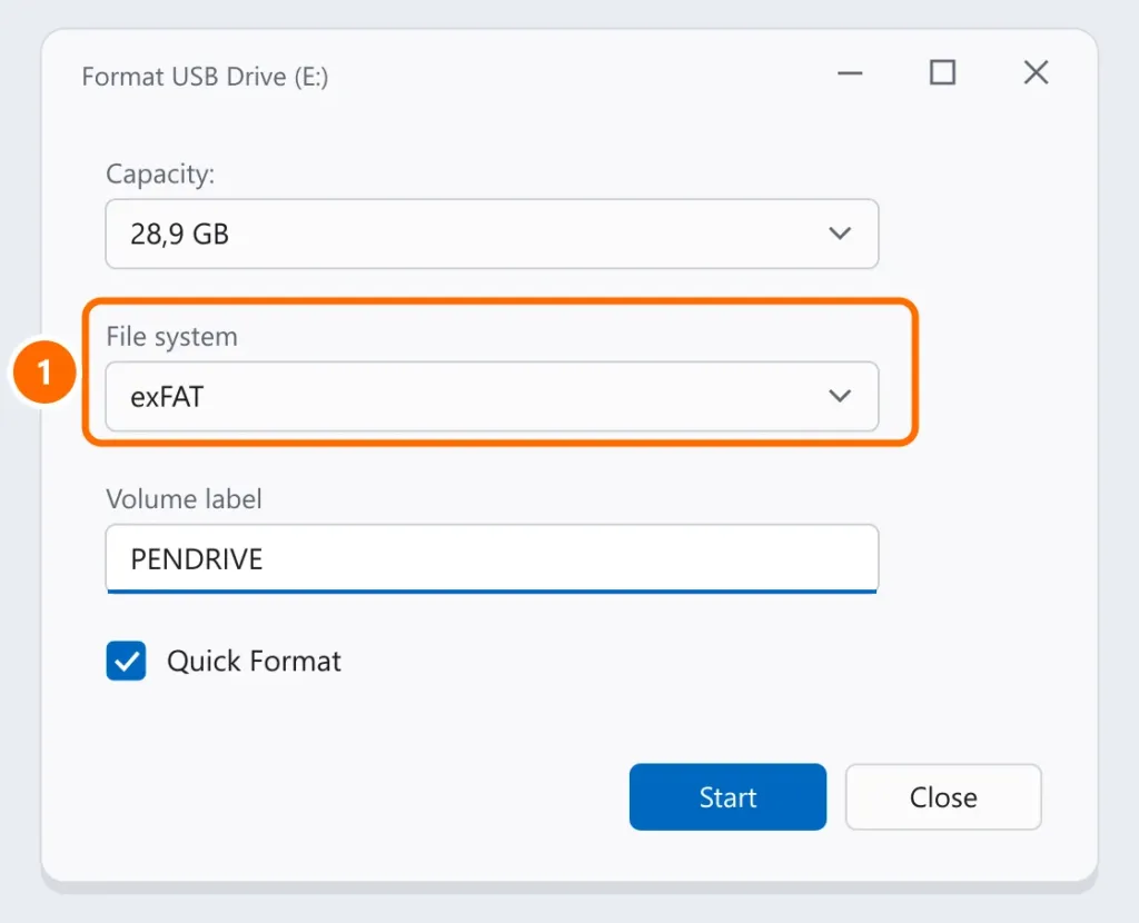 Format window for the USB drive with the exFAT file system selected