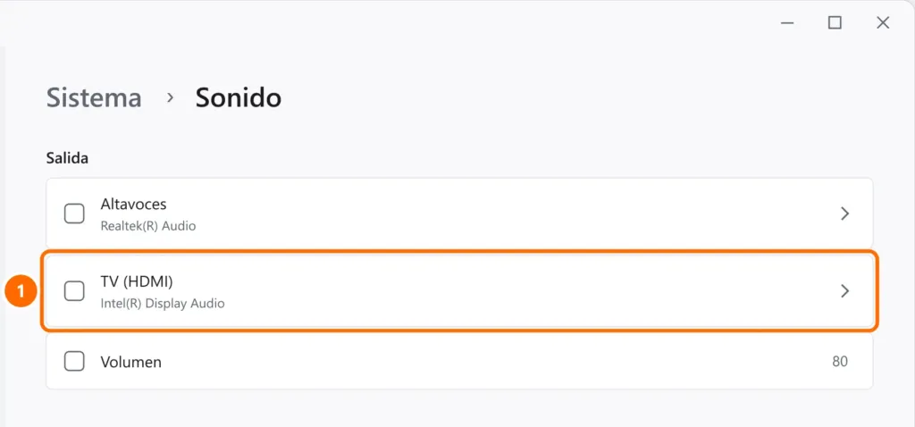 Configuración de Sonido con la TV conectada por HDMI seleccionada como dispositivo de salida