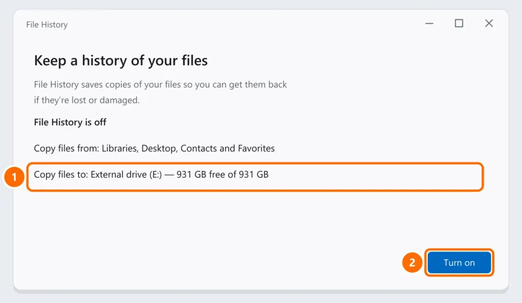 File History panel with the external destination drive and the Turn on button highlighted