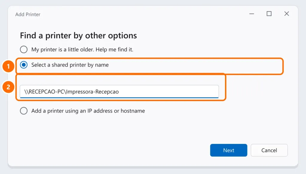 Add Printer wizard with Select a shared printer by name chosen and the printer path typed in