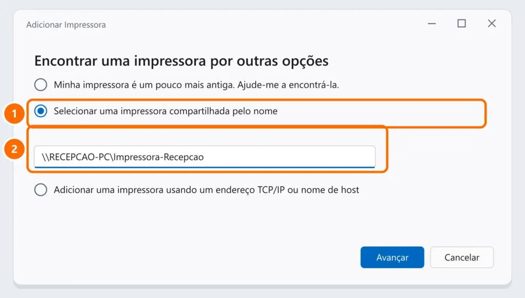Assistente Adicionar Impressora com Selecionar uma impressora compartilhada pelo nome marcada e o caminho da impressora digitado
