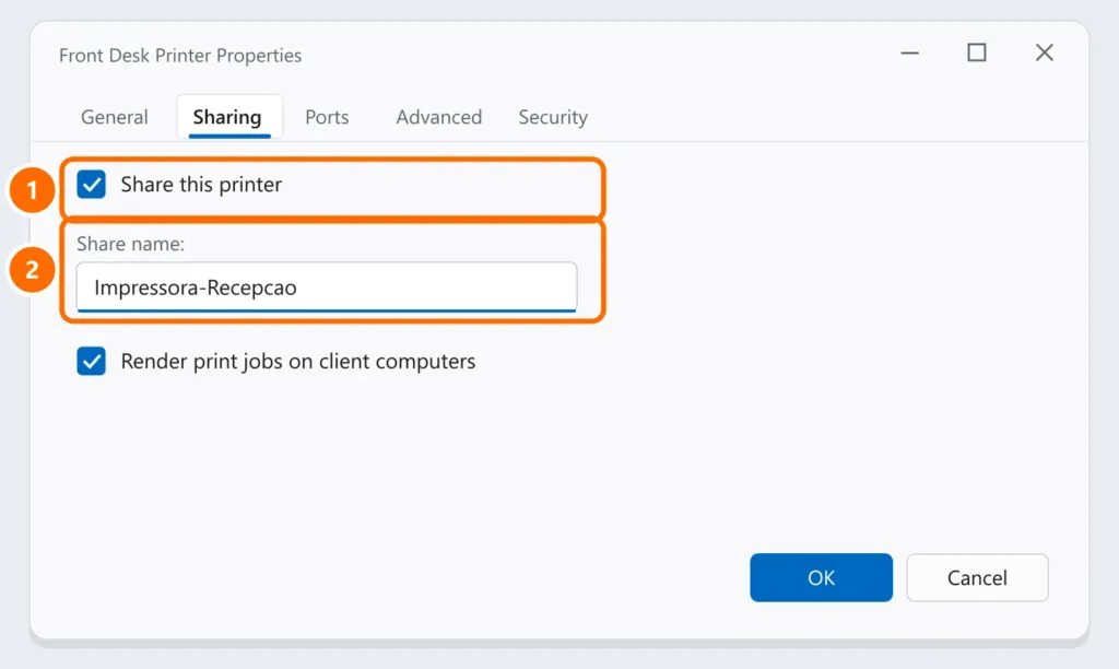 Printer properties on the Sharing tab with Share this printer checked and the share name highlighted