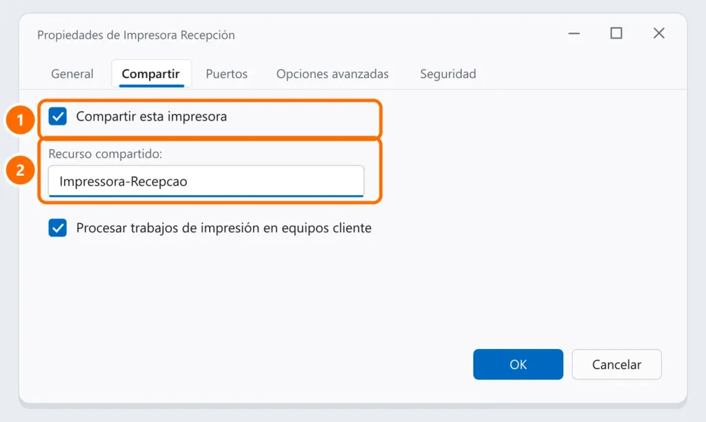 Propiedades de la impresora en la pestaña Compartir con Compartir esta impresora marcada y el nombre del recurso destacados