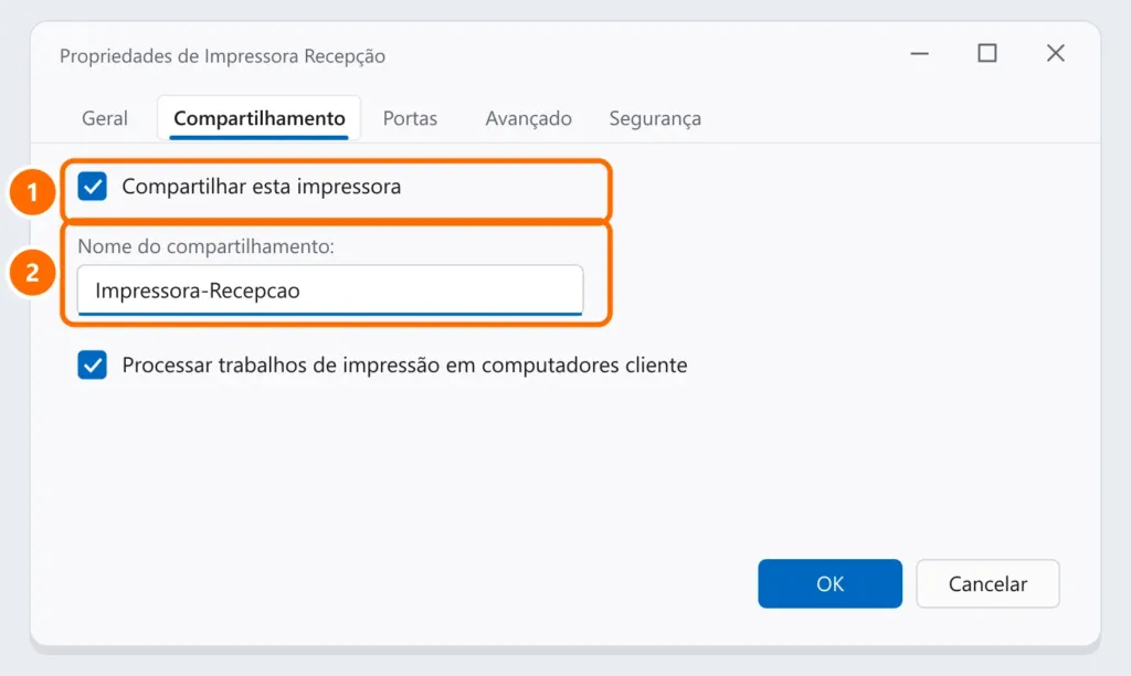 Propriedades da impressora na guia Compartilhamento com Compartilhar esta impressora marcada e o nome do compartilhamento destacados