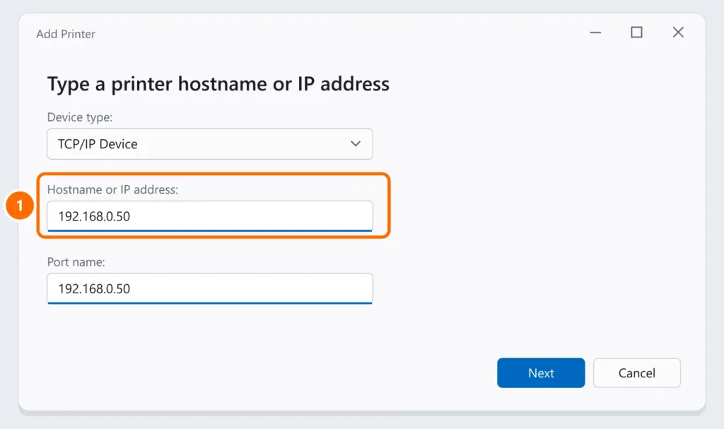 Add Printer wizard screen with TCP/IP Device selected and the printer IP address typed in and highlighted