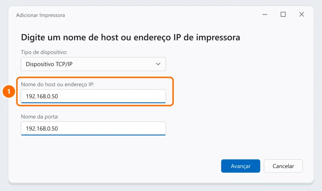 Tela do assistente Adicionar Impressora com o tipo Dispositivo TCP/IP e o endereço IP da impressora digitado e destacado