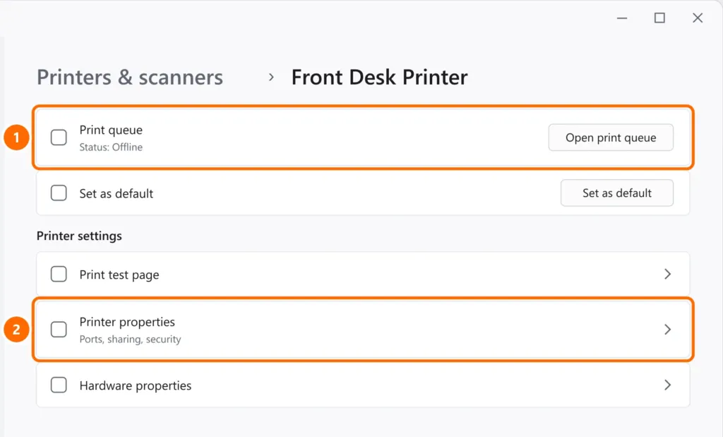 Windows 11 Settings under Printers & scanners, with the Open print queue button and Printer properties highlighted